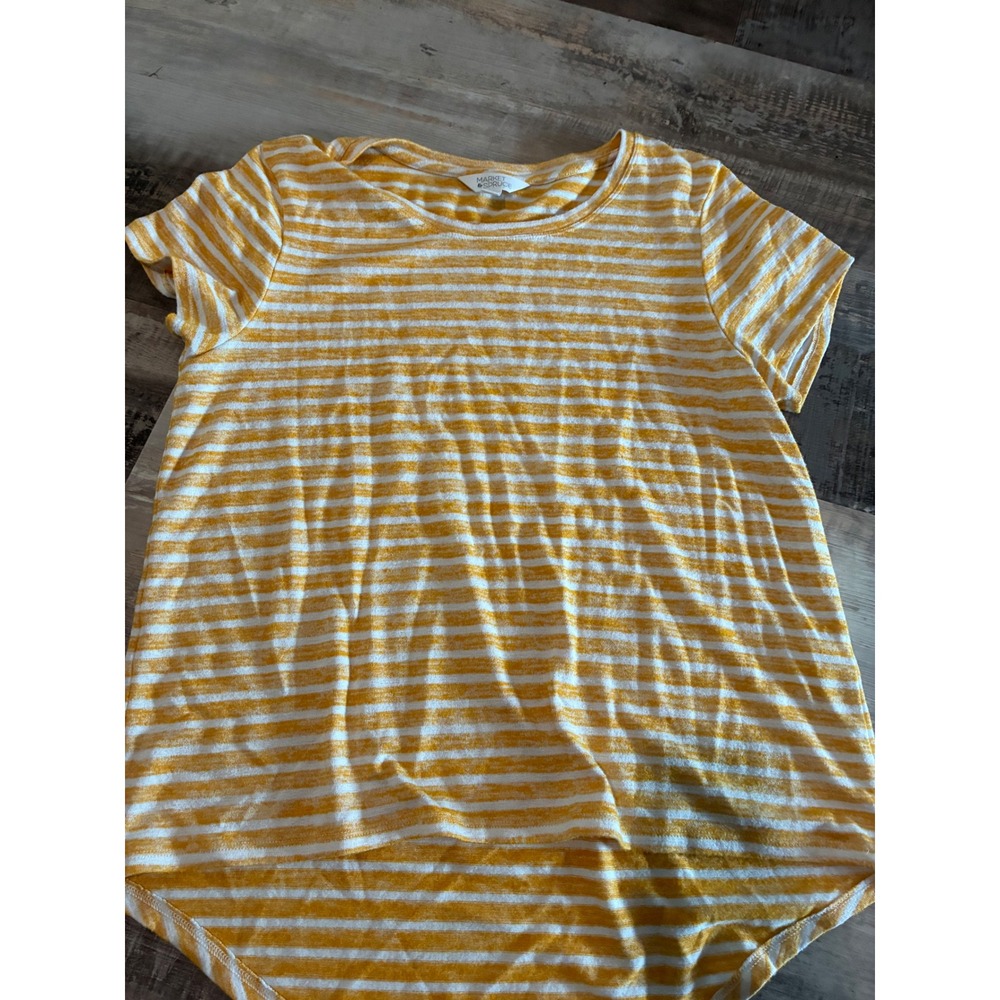 Market & Spruce Womens Yellow White Striped High-Low Short Sleeve Tee Shirt L - Picture 2 of 4